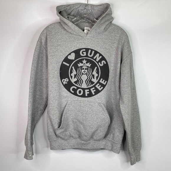 Gildan I love Guns And Coffee Grey Hooded Sweatshirt Size Medium - Picture 1 of 15